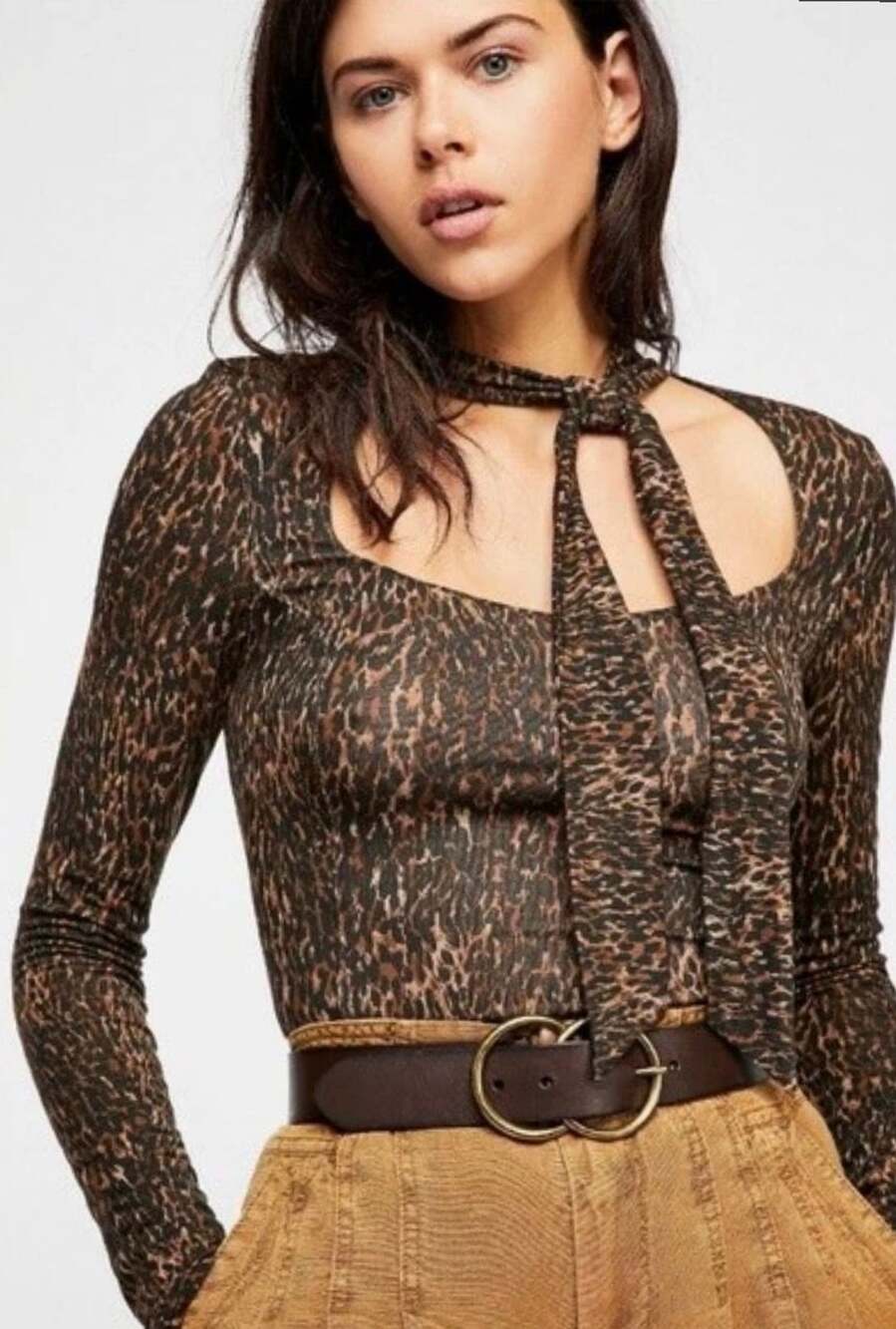 Free People Wild Thing Leopard Print LS Tie Neck Top Small Sexy Chic NWOT